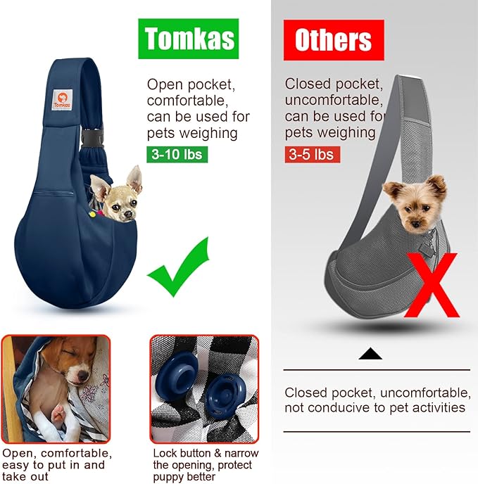 Tomkas Small Dog Sling Carrier - Zipper Pocket &amp; Adjustable Strap - for 3-10 lbs Pets(Dark Blue)
