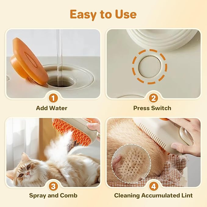 LunaSync Cat Steam Brush for Shedding, 4 in 1 Rechargeable Pet Grooming Brush for Cats and Dogs, Anti-Static Deshedding Tool with Massage &amp; Cleaning, Comb for Long Short Hair - Beige