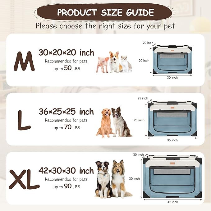 Dog Crate - Soft Pet Kennel for Dogs/Cats, 3-Door Breathable Travel Cage with Mesh Window, Portable Dog Kennel for Indoor &amp; Outdoor, Blue-L