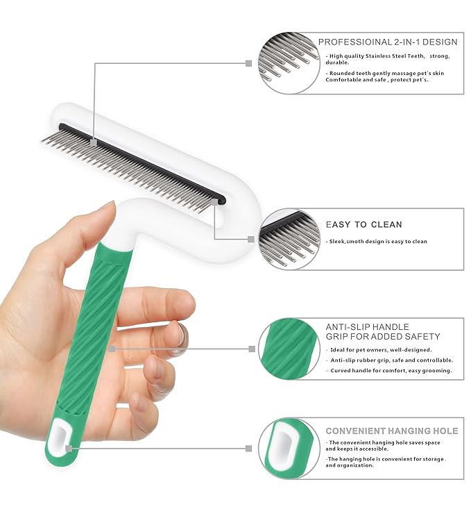 Pet Flea Comb for Dogs &amp; Cats - Grooming Tool with Long &amp; Short Steel Teeth, Safely Removes Tangles and Knots, Gentle Detangling Brush for Pet Hair (TG2043)(Green)
