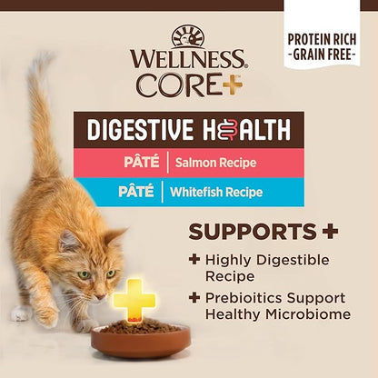 Wellness CORE+ Digestive Health Pate Adult Wet Cat Food, Natural, Protein-Rich, Grain Free, 3 Ounce, 12 Pack (Salmon &amp; Whitefish Variety Pack)