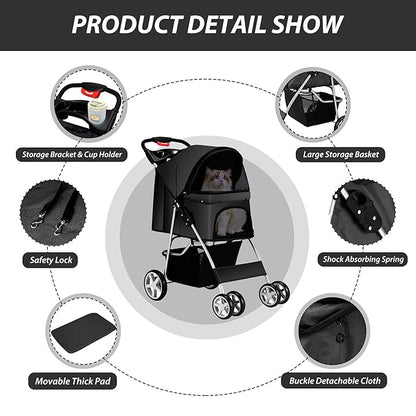 4 Wheels Pet Stroller for Small Medium Dogs Cats 10-33 lbs, Foldable Dog and Cat Stroller with Cup Holder &amp; Storage Basket &amp; Breathable Mesh, Pet Strolling Cart for All-Season, Black