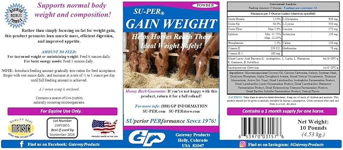 SU-PER Gain Weight for Horses - Equine Supplement Weight Gainer for Horses - Promotes Lean Muscle Mass, Digestion &amp; Appetite - 10 Pound, 1 Month Supply