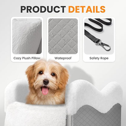 Portable Small Dog Seat for Car,Luxury Center Console Dog Car Seat Booster with Safety Tethers,Auti-Collapse Pet Travel Carrier for SUV,Truck.(Light Grey/White)