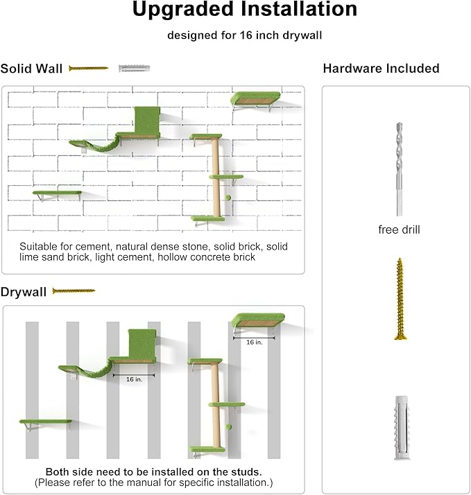 FUKUMARU Cat Wall Shelves, Stable &amp; Safe 4 in 1 Cat Furniture Set, Wooden Climbing Wall with Scratching Post, Bridge and Bed, Stylish Jungle Gym for 16 Inch Drywall - Green