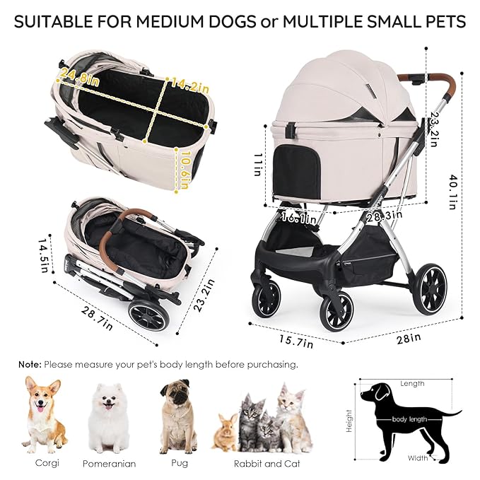 T5 Luxury Pet Stroller for Medium Dog Under 60lbs or 2 Small Dogs &amp; Cats with 180 ̊Canopy, Sun Shades, Auto-Folding Stroller for Multiple Pets（Beige）