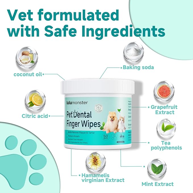 Pet Dental Finger Wipes for Dogs &amp; Cats, Dog Teeth Cleaning Wipes Tooth Brushing Kit by Remove Plaque and Tartar &amp; Freshens Breath Buildup No-Rinse Dog Finger Toothbrush Mint Flavor