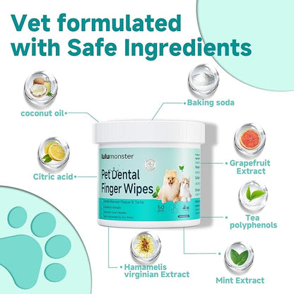 Pet Dental Finger Wipes for Dogs &amp; Cats, Dog Teeth Cleaning Wipes Tooth Brushing Kit by Remove Plaque and Tartar &amp; Freshens Breath Buildup No-Rinse Dog Finger Toothbrush Mint Flavor