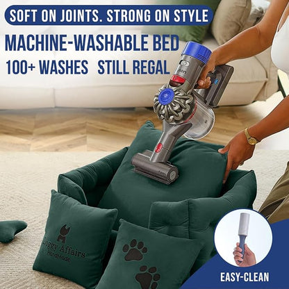 Luxury Dog Bed Chesterfield – Handcrafted Velvet Throne for Dogs | Joint Support, Calming &amp; Temp-Regulating Comfort | Durable 5+ Years, Anti-Claw, Washable 100+ Times – XS, Green