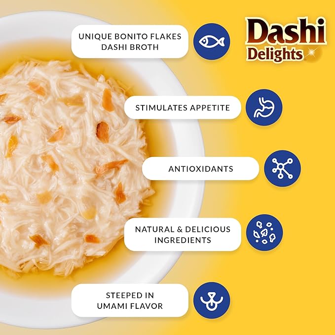 INABA Dashi Delights for Cats, 2.5 Ounce Cup, 6 Cups Total, Chicken with Tuna &amp; Scallop Recipe