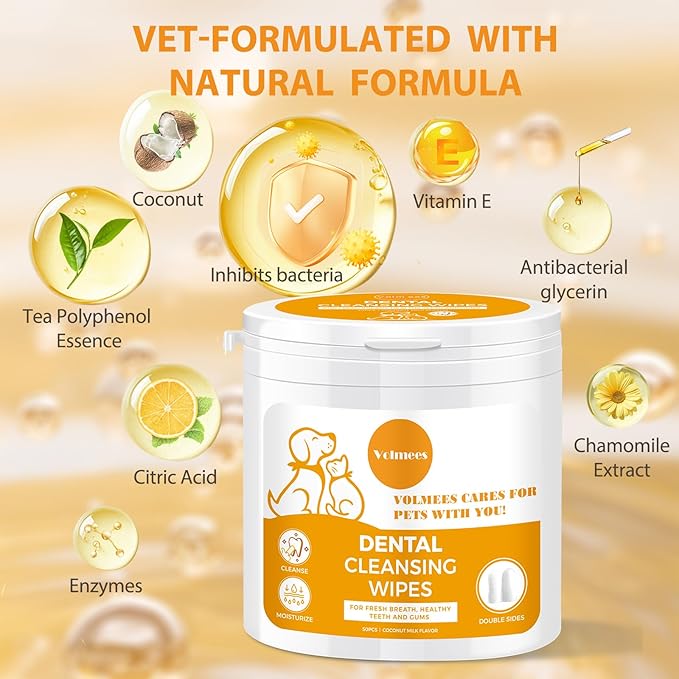 Pet Dental Finger Wipes for Dogs and Cats, Dog Teeth Cleaning Wipes, Dog Dental Care Wipes, Reduce Plaque &amp; Tartar Buildup, Freshen Breath, Cleaner Mouth, Coconut Scent, 50Pcs