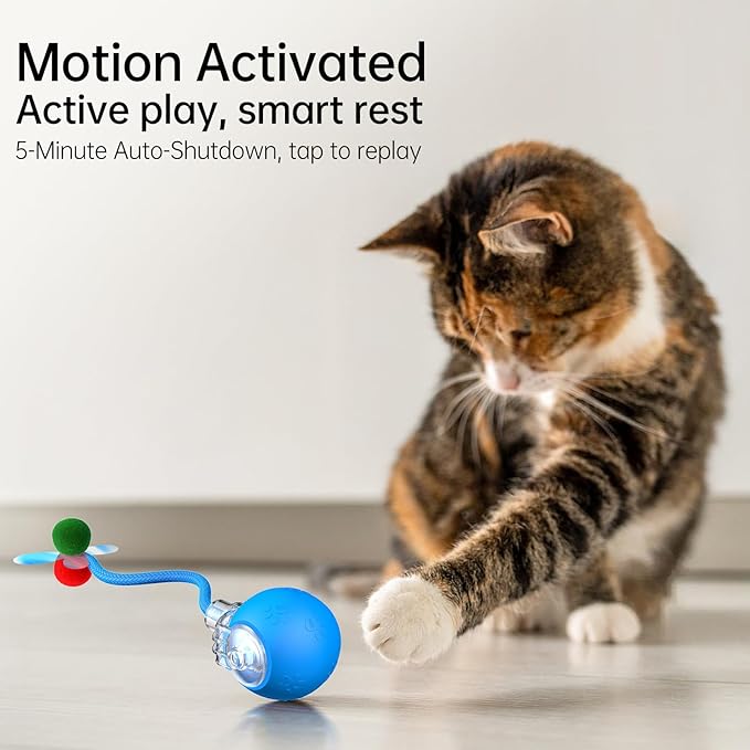 Interactive Cat Toy Ball- 2025 Smart Rolling Cat Toy with Shiny Tail, Motion Activated Boredom Relief for Indoor Cats, USB Rechargeable &amp; Obstacle Avoidance