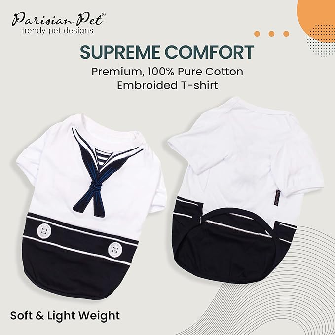 Parisian Pet Sailor Dog Costume - Embroidered Sleeved Dog Shirt - 100% Cotton &amp; Polyester - Blue &amp; White - 3XL