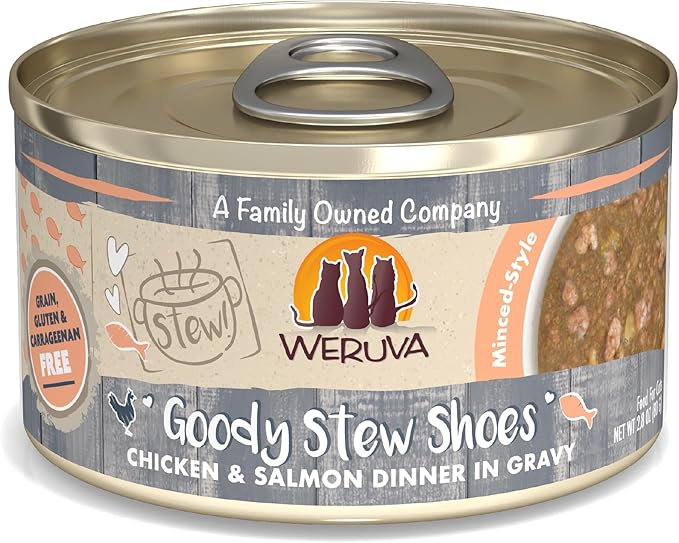 Weruva Classic Cat Stews!, Goody Stew Shoes with Chicken &amp; Salmon in Gravy, 2.8oz Can (Pack of 12)