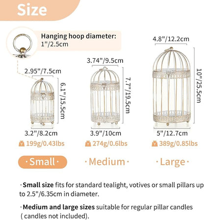 NUPTIO Tea Light Candle Holders: 2 Pcs 6 inch H Distressed White Bird Cage Lantern Centerpiece Hanging Metal Birdcage Tealight Votive Holder for Home Fireplace Dining Table Living Room Decoration