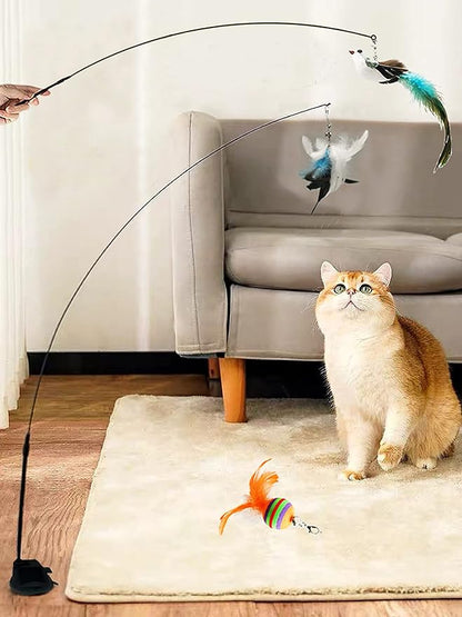 Interactive Cat Feather Toy with Super Suction Cup &amp; Bonus Double-Sided Nano Adhesive – 3 Replaceable Feathers, Bell &amp; Spring Wand – Fun Exercise for Indoor Cats &amp; Kittens (Fly Bird Blue)