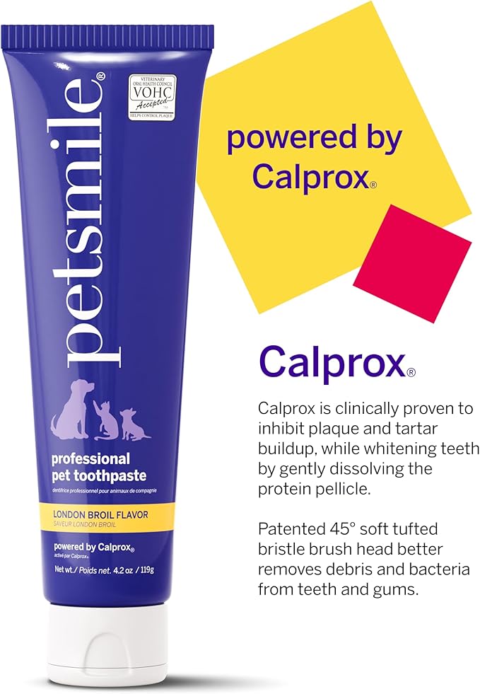 Petsmile Professional Pet Toothpaste for Cats &amp; Dogs - Only VOHC Accepted Toothpaste - Clinically Proven to Control Plaque &amp; Tartar Calprox Formula (London Broil, 4.2 Oz)