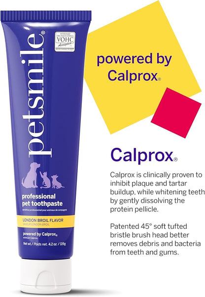 Petsmile Professional Pet Teeth Brushing Kit for Cats &amp; Dogs- Only VOHC Accepted Toothpaste &amp; Patented Toothbrush - Proven to Control Plaque &amp; Tartar Calprox Formula (London Broil, 4.2 Oz)
