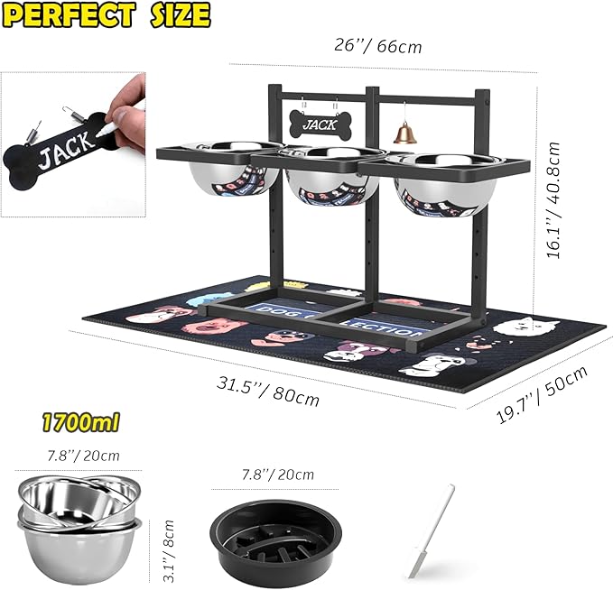 Elevated Dog Bowl Stand for Medium/Large Dogs with Slow Feeder &amp; Mat, Adjustable Height 3.9&