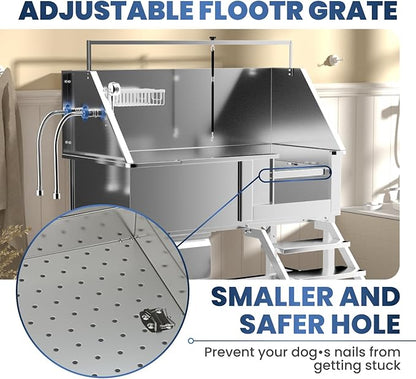 Professional 46" Dog Washing Station, Stainless Steel Dog Bathing Station, Height Adjustable Dog Wash Station, Storage Drawer, Upgrade Parts, Home, Commercial (Right Step)