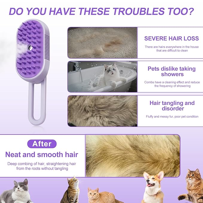 Steam Brush for Cat &amp; Dog – 3-in-1 Spritz Pet Spray Hair Removal Comb for Grooming &amp; Shedding Steam – Water Brush for Long