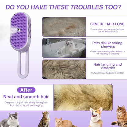 Steam Brush for Cat &amp; Dog – 3-in-1 Spritz Pet Spray Hair Removal Comb for Grooming &amp; Shedding Steam – Water Brush for Long &amp; Short Haired Pets– Includes Two Bottles Waterless Shampoo
