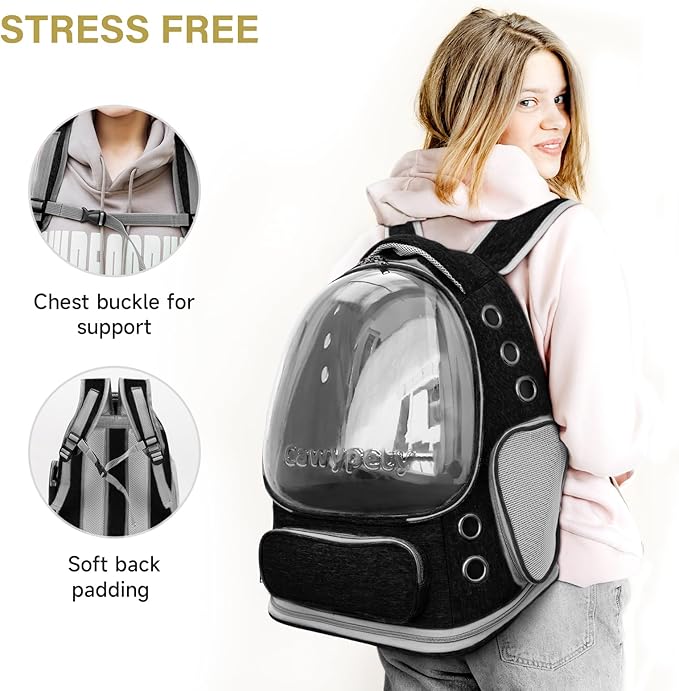 Cat Backpack Carrier, Breathable Cat Carrier Large Space Bubble Pet Backpack for Kitty Small Dog up to 12lbs, Transparent &amp; Foldable Pet Carrier for Travel Hiking (Black