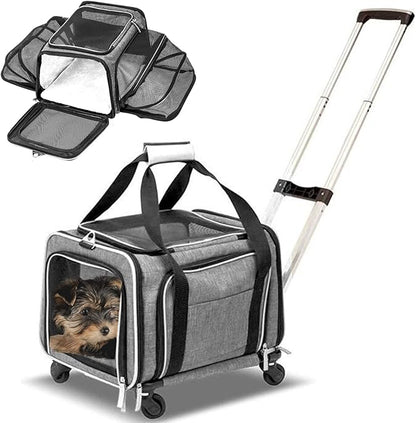 Airline Approved Expandable Premium Pet Carrier on Wheels- Two Sided Expandable Rolling Carrier- Designed for Dogs &amp; Cats- Extra Spacious Soft Lined Carrier! (Grey)