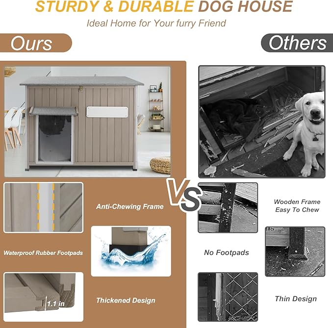 Weatherproof Outdoor Dog House, Wooden Puppy Shelter with Anti-Chewing Iron Frame and Elevated Floor, Sturdy Dog Kennel for Small, Medium &amp; Large Dogs, Grey (Gray, 40" L x 26" W x 31" H)