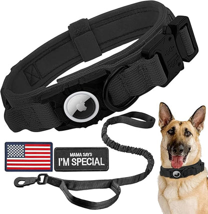 Tactical AirTag Dog Collar Leash Set - Heavy Duty, Adjustable GPS Collar Compatible with Apple AirTag, with Holder &amp; Control Handle for Medium/Large Dogs [ Black, M ]