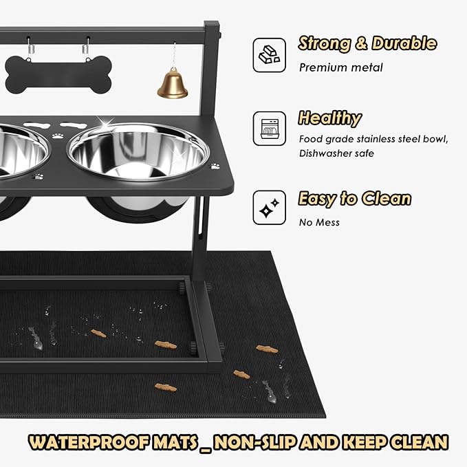 Elevated Dog Bowls with Slow Feeder and Spill Proof Mat, Adjustable Height 4.3-11.8&