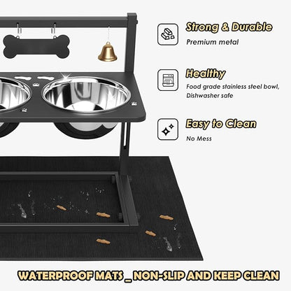 Elevated Dog Bowls with Slow Feeder and Spill Proof Mat, Adjustable Height 4.3-11.8&