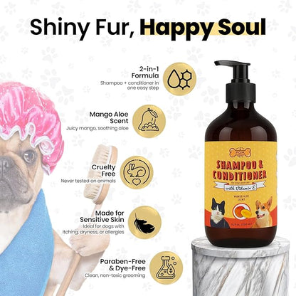 POM Pets 2-in-1 Organic Dog Shampoo &amp; Conditioner – Itchy Skin Relief, Dog Deshedding, Detangles Fur, Cat Shampoo, Paw Cleaner for Dogs, Natural Coat Defense Formula