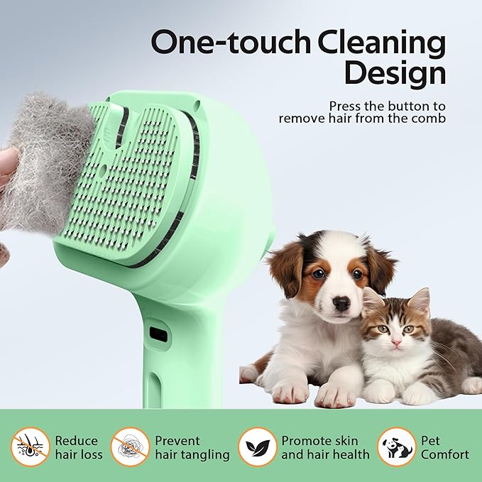 Pet Grooming Brush with Electronic Mist Spray - Gentle Deshedding Tool for Cats &amp; Dogs, Pet Steam Brush，Reduces Shedding, Soft Bristles, Promotes Healthy Coat-Comes with a hair smoothing comb-Greener