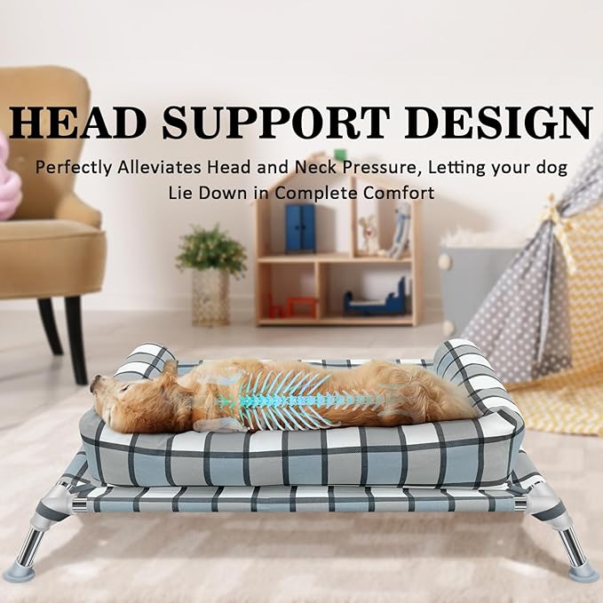 Elevated Raised Dog Bed Cot - Cooling Raised Dog Beds with Bolster Portable Washable Pet Cot Bed with Metal Frame Dogs Hammock Bed for Indoor &amp; Outdoor