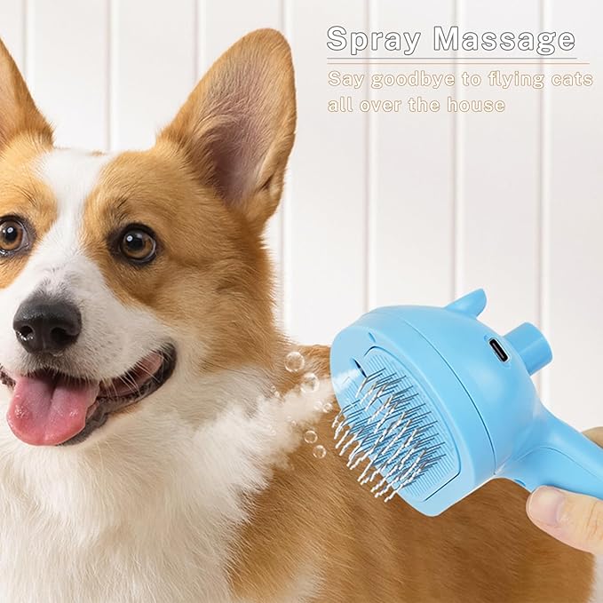 5-in-1 Pet Steam Brush for Cats &amp; Dogs – Grooming, Shedding, Massage &amp; One-Touch Clean for Short &amp; Long Hair Pets – Electric Cat Brush with Comb &amp; Steam (Blue)