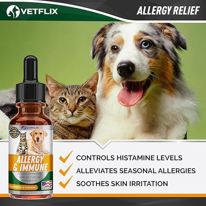 Allergy Immune Anti Itch &amp; Hot Spots - Made in USA Natural Pet Supplement for Cat &amp; Dog Allergy Relief with Turmeric &amp; Milk Thistle -Seasonal Allergies Digestive Treatment for Dogs &amp; Cats - 2 Fl Oz