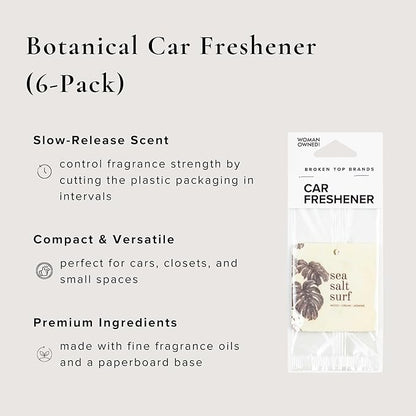 Broken Top Botanical Car Air Freshener Variety Pack, 6 Pack (2 Coconut Sandalwood, 2 Saguaro Cactus, 2 Sea Salt Surf)