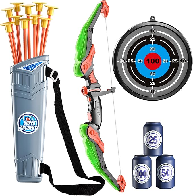 TEMI Bow and Arrow Set for Kids - Archery Toy Set - LED Light Up with Suction Cup Arrows, Target &amp; Quiver, Indoor and Outdoor Toys for Children Boys Girls