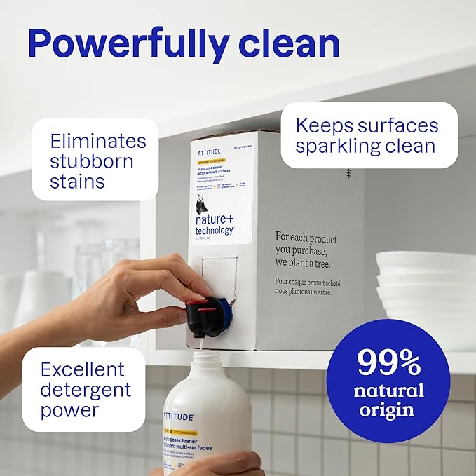 ATTITUDE All Purpose Cleaner Spray, EWG Verified, Vegan, Made with 94% Plant-Based Ingredients, Streak-Free for Kitchen, Bathroom, Glass &amp; More, Citrus Zest Scent, 27.1 Fl Oz
