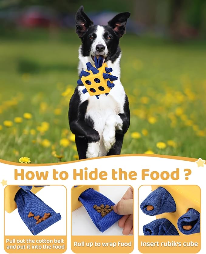 Interactive Puzzle Dog Toy Encourage Natural Foraging Skill, Durable Dog Enrichment Toy Snuffle Cube Cloth Strip with Hide &amp; Seek Food, Slow Feeder for Mind Stimulate &amp; Stress Relief (Yellow)