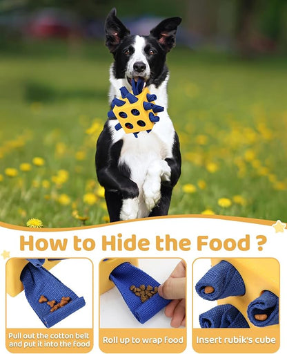Interactive Puzzle Dog Toy Encourage Natural Foraging Skill, Durable Dog Enrichment Toy Snuffle Cube Cloth Strip with Hide &amp; Seek Food, Slow Feeder for Mind Stimulate &amp; Stress Relief (Yellow)