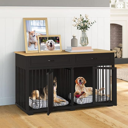 Large Dog Crate with Double Rooms, 72" Heavy Duty Wooden Dog Cage Furniutre Dog Crate Kennel w/Drawers &amp; Removable Divider,Indoor Luxury Dog House for Large Dogs,Black