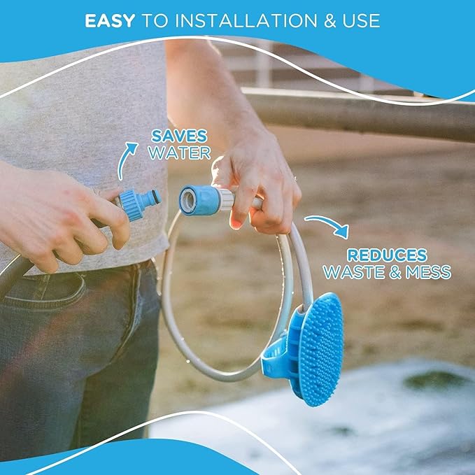 Aquapaw 5-in-1 Horse &amp; Dog Bath Brush &amp; Curry Comb - XL Blue Silicone - Includes 3-ft Shower Hose Attachment &amp; Adapter - Adjustable Spray Scrub Massager - Dog Grooming Supplies