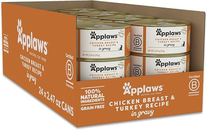 Applaws Natural Wet Cat Food in Gravy, Limited Ingredient Canned Cat Food, Wet Food for Cats with No Artificial Additives, Chicken Breast &amp; Turkey in Gravy (24 x 2.47 oz Cans)