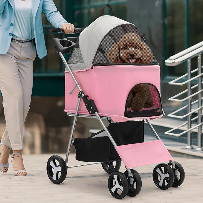 Magshion Foldable Pet Stroller, 3-in-1 Dog Travel Jogger with Detachable Carrier, Cup Holder, Storage Basket, Folding Carrier for Small/Medium Dogs &amp; Cats Up to 33 lbs, Pink