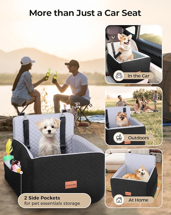 Dog Car Seat for Small &amp; Medium Dogs Under 35lbs, Detachable &amp; Washable Pet Car Seat, Interior Height 6 Inches Pet Travel Bed with Storage Pockets and 2 Dog Safety Belts (Black/Gray)