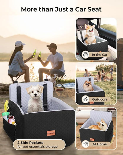 Dog Car Seat for Small &amp; Medium Dogs Under 35lbs, Detachable &amp; Washable Pet Car Seat, Interior Height 6 Inches Pet Travel Bed with Storage Pockets and 2 Dog Safety Belts (Black/Gray)