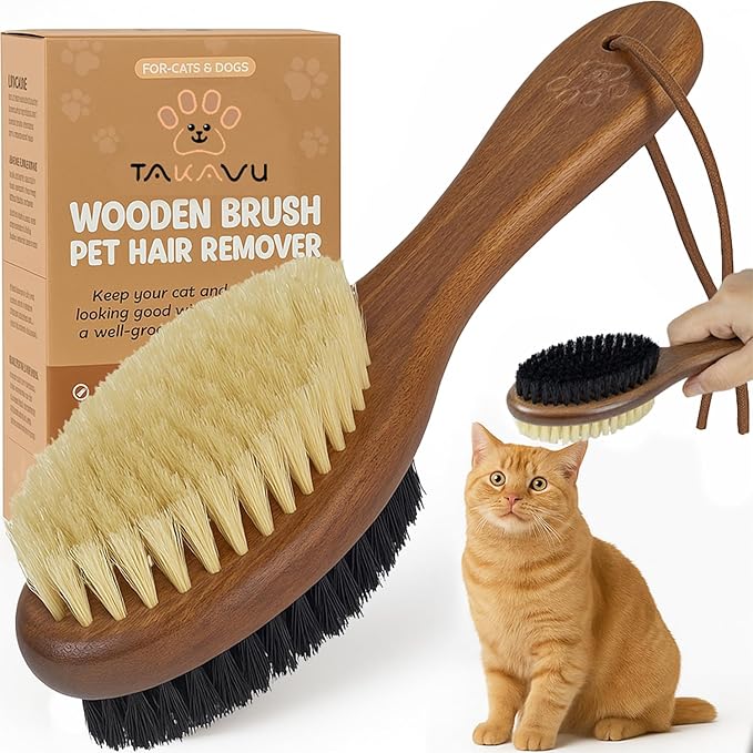 Takavu Double-Sided Boar Bristle Cat Brush - Natural Grooming Tool for Gentle Cleaning, Shine &amp; Reduced Loose Hair - Wood Handle Pet Brush