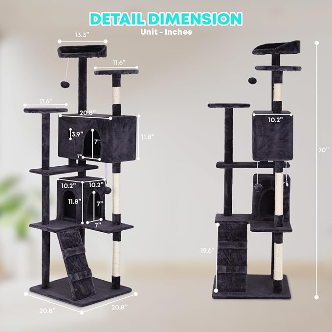 FDW Cat Tree 70in Cat Tower Multi-Level Durable Cat Scratching Post &amp; Cozy Fun Cat Jumping Platform Space Saving Cat Condo Pet Play House for Indoor Cats,Ashy